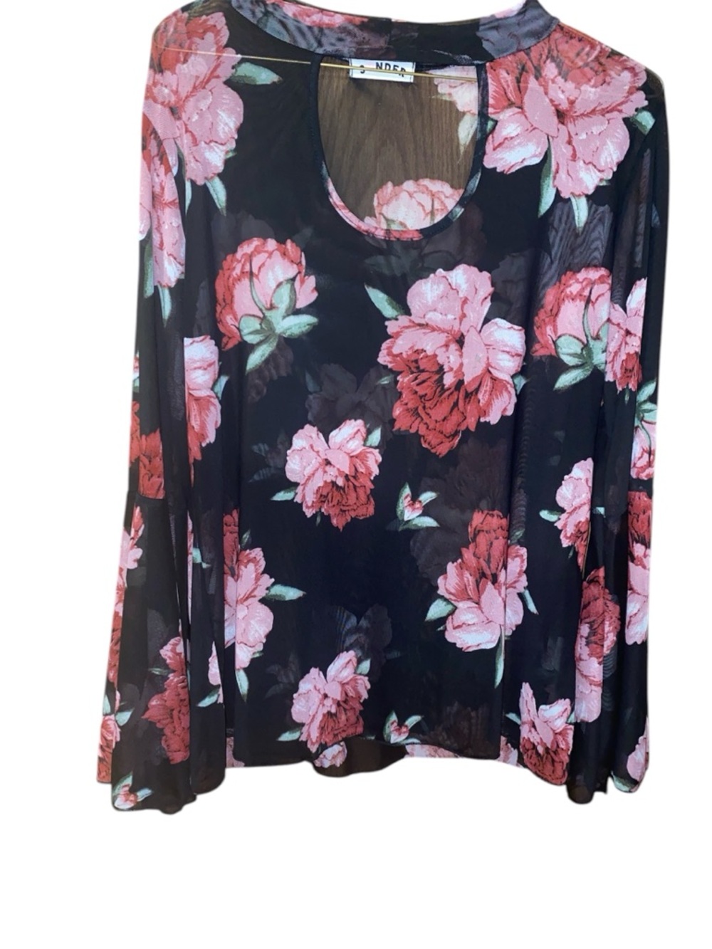 Black Sheer Floral Long-Sleeve Top with Pink Roses